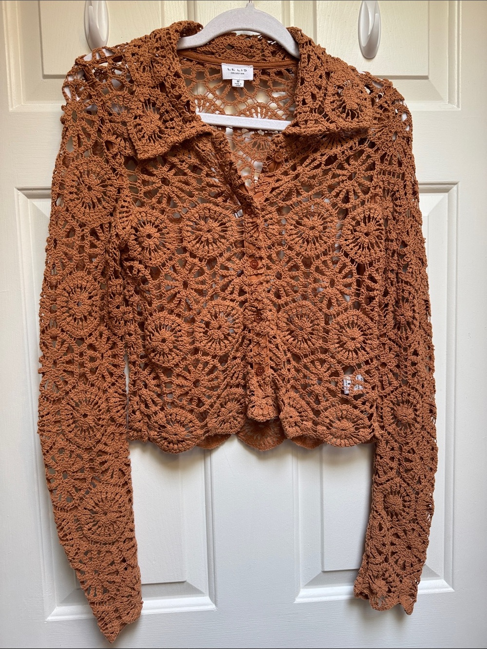 Le Lis Crochet Pumpkin Spice Orange Button Up Cardigan Cotton Sweater Womens Med